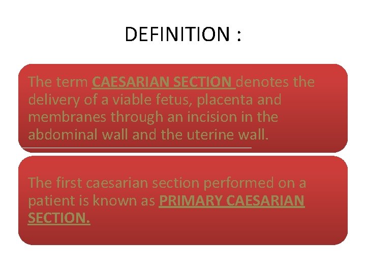 DEFINITION : The term CAESARIAN SECTION denotes the delivery of a viable fetus, placenta