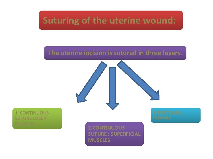 Suturing of the uterine wound: The uterine incision is sutured in three layers. 1.