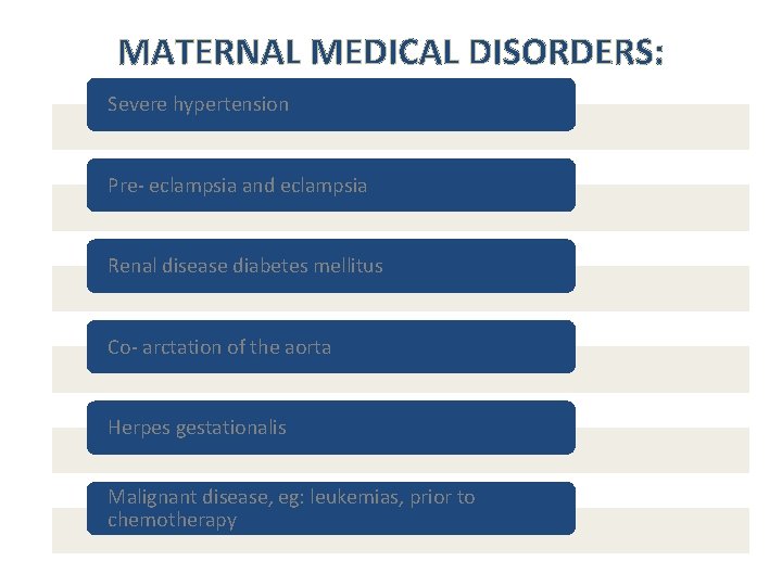 MATERNAL MEDICAL DISORDERS: Severe hypertension Pre- eclampsia and eclampsia Renal disease diabetes mellitus Co-