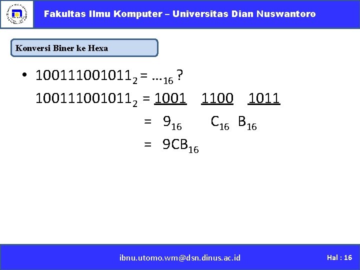 Fakultas Ilmu Komputer – Universitas Dian Nuswantoro Konversi Biner ke Hexa • 1001110010112 =