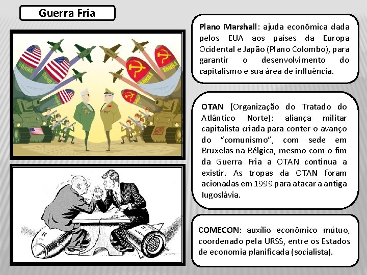 Guerra Fria Plano Marshall: ajuda econômica dada pelos EUA aos países da Europa Ocidental