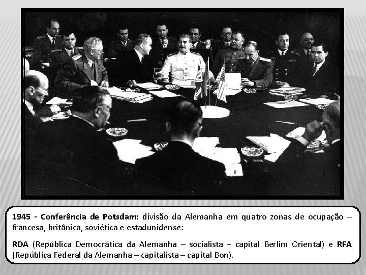 1945 - Conferência de Potsdam: divisão da Alemanha em quatro zonas de ocupação –