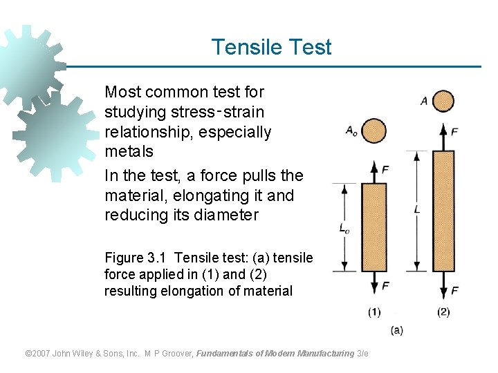 Tensile Test Most common test for studying stress‑strain relationship, especially metals In the test,