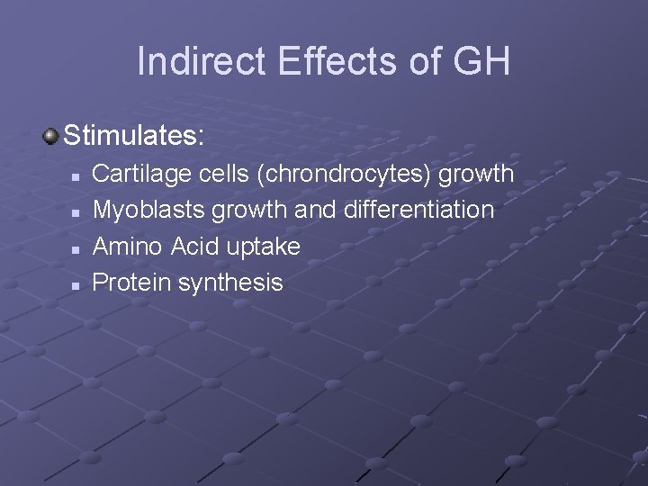 Indirect Effects of GH Stimulates: n n Cartilage cells (chrondrocytes) growth Myoblasts growth and