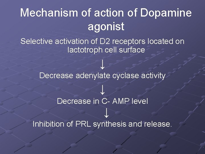 Mechanism of action of Dopamine agonist Selective activation of D 2 receptors located on