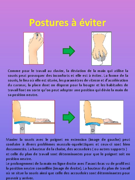 Postures à éviter Comme pour le travail au clavier, la déviation de la main