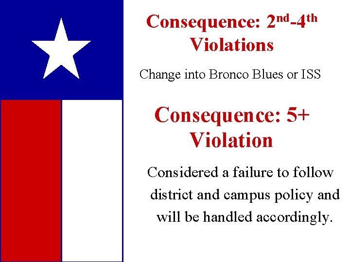 Consequence: 2 nd-4 th Violations Change into Bronco Blues or ISS Consequence: 5+ Violation