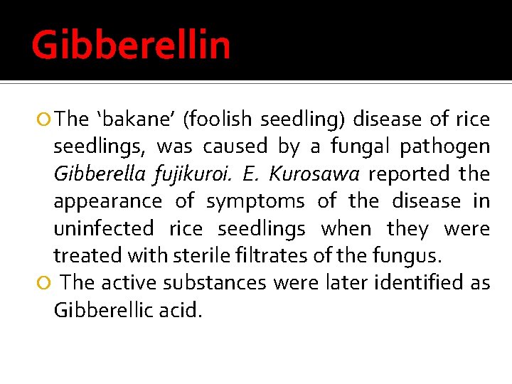 Gibberellin The ‘bakane’ (foolish seedling) disease of rice seedlings, was caused by a fungal