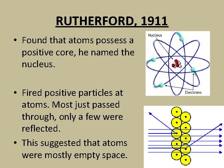 RUTHERFORD, 1911 • Found that atoms possess a positive core, he named the nucleus.