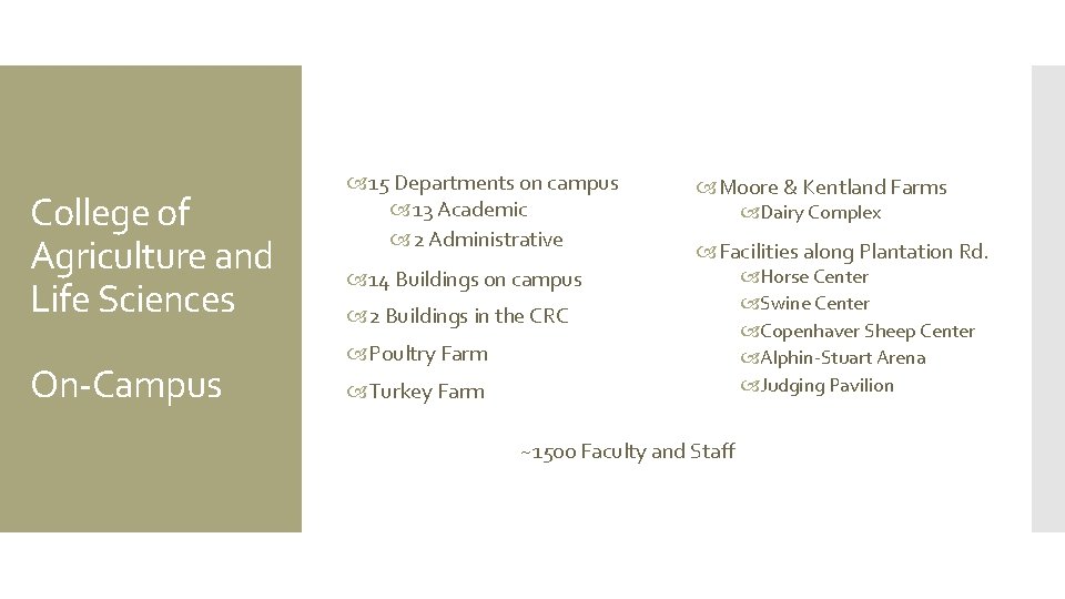 College of Agriculture and Life Sciences On-Campus 15 Departments on campus 13 Academic 2