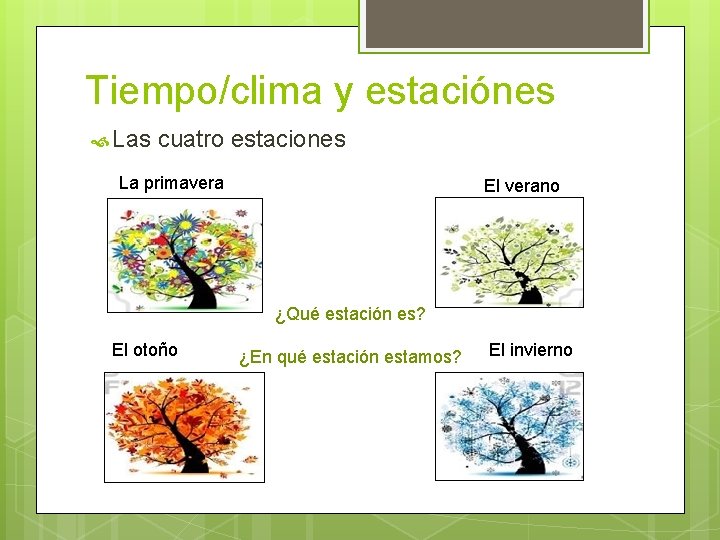 Tiempo/clima y estaciónes Las cuatro estaciones La primavera El verano ¿Qué estación es? El