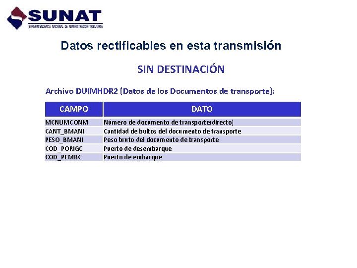 Datos rectificables en esta transmisión SIN DESTINACIÓN Archivo DUIMHDR 2 (Datos de los Documentos