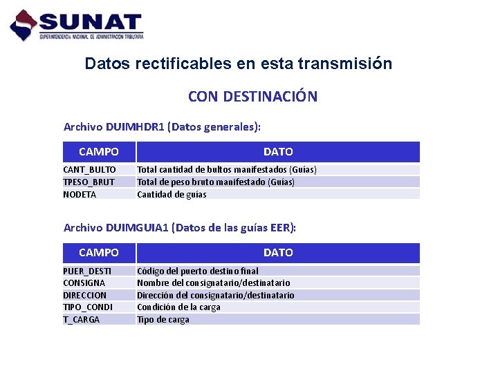 Datos rectificables en esta transmisión CON DESTINACIÓN Archivo DUIMHDR 1 (Datos generales): CAMPO CANT_BULTO