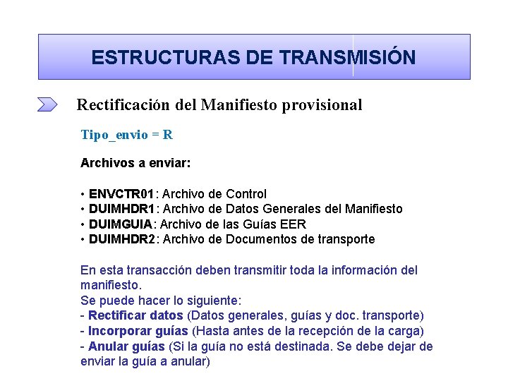 ESTRUCTURAS DE TRANSMISIÓN Rectificación del Manifiesto provisional Tipo_envio = R Archivos a enviar: •