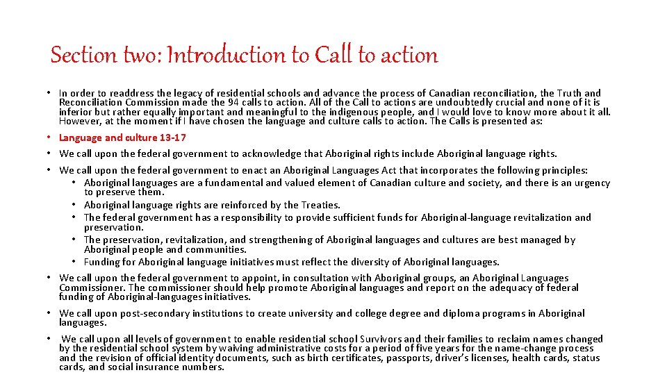 Section two: Introduction to Call to action • In order to readdress the legacy