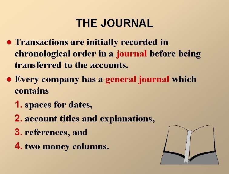 THE JOURNAL Transactions are initially recorded in chronological order in a journal before being