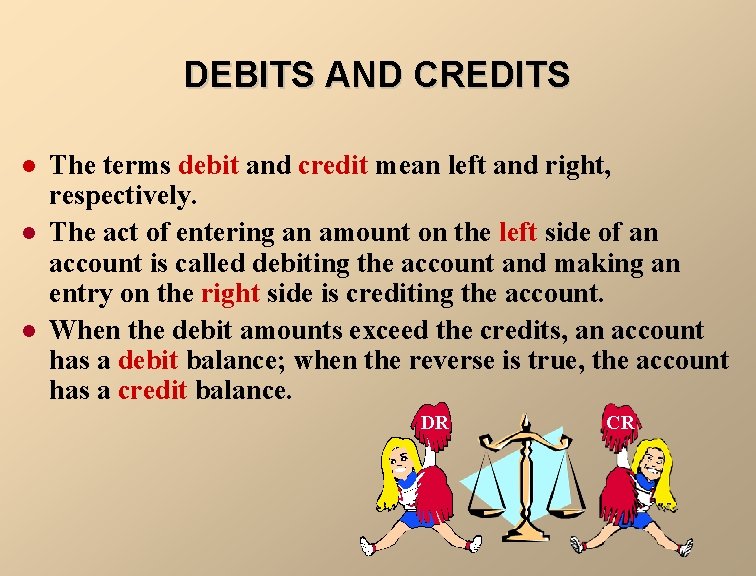 DEBITS AND CREDITS l l l The terms debit and credit mean left and