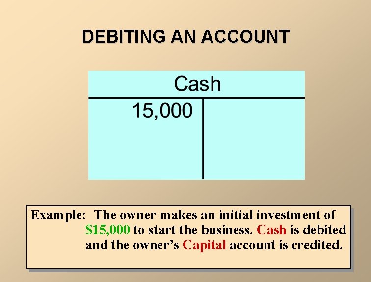 DEBITING AN ACCOUNT Example: The owner makes an initial investment of $15, 000 to