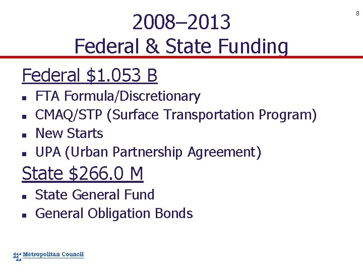 2008– 2013 Federal & State Funding Federal $1. 053 B n n FTA Formula/Discretionary