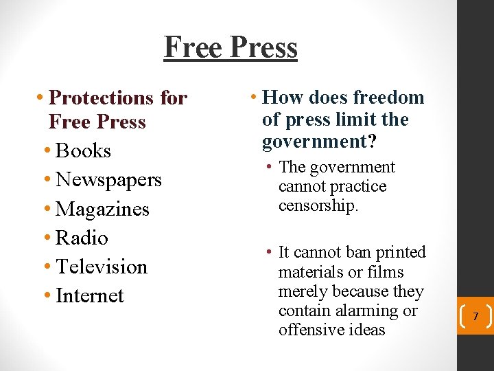 Free Press • Protections for Free Press • Books • Newspapers • Magazines •