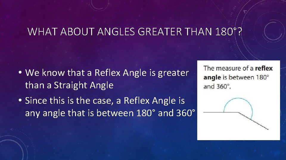 WHAT ABOUT ANGLES GREATER THAN 180°? • We know that a Reflex Angle is