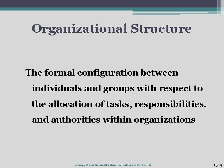 Organizational Structure The formal configuration between individuals and groups with respect to the allocation Organizational Structure The formal configuration between individuals and groups with respect to the allocation