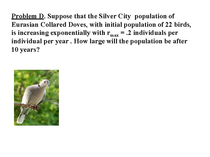 Problem D. Suppose that the Silver City population of Eurasian Collared Doves, with initial