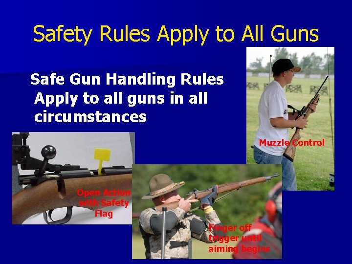 Safety Rules Apply to All Guns Safe Gun Handling Rules Apply to all guns Safety Rules Apply to All Guns Safe Gun Handling Rules Apply to all guns