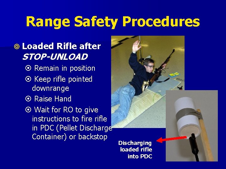 Range Safety Procedures Loaded Rifle after STOP-UNLOAD Remain in position Keep rifle pointed downrange Range Safety Procedures Loaded Rifle after STOP-UNLOAD Remain in position Keep rifle pointed downrange