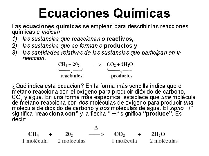 Ecuaciones Químicas Las ecuaciones químicas se emplean para describir las reacciones químicas e indican: Ecuaciones Químicas Las ecuaciones químicas se emplean para describir las reacciones químicas e indican: