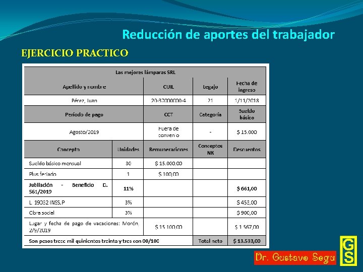 Reducción de aportes del trabajador EJERCICIO PRACTICO 