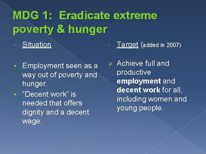 MDG 1: Eradicate extreme poverty & hunger Situation Employment seen as a way out