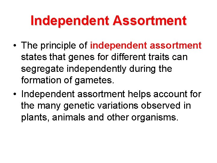 Independent Assortment • The principle of independent assortment states that genes for different traits