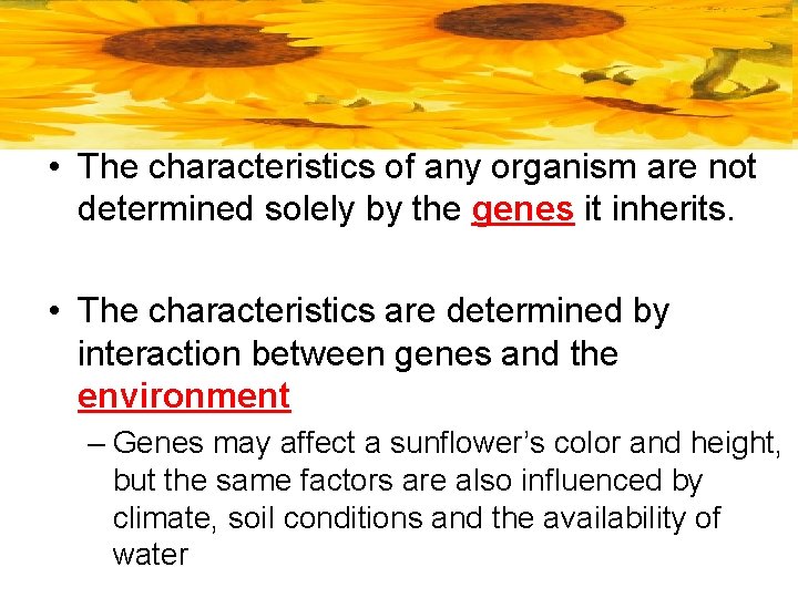  • The characteristics of any organism are not determined solely by the genes