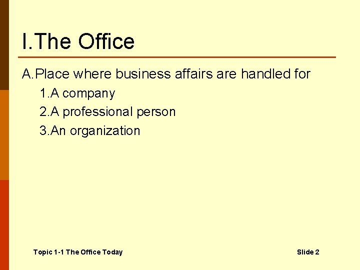 I. The Office A. Place where business affairs are handled for 1. A company