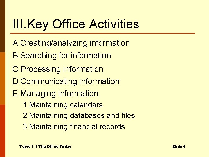III. Key Office Activities A. Creating/analyzing information 1. Composing letters, and reports B. Searching