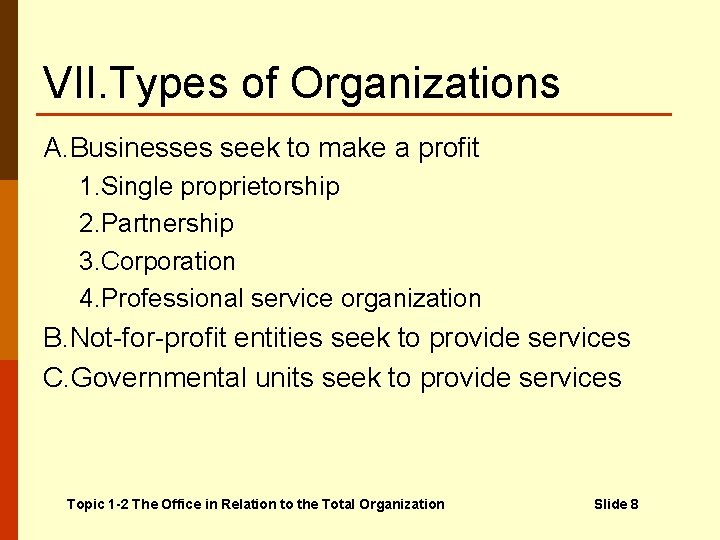 VII. Types of Organizations A. Businesses seek to make a profit 1. Single proprietorship
