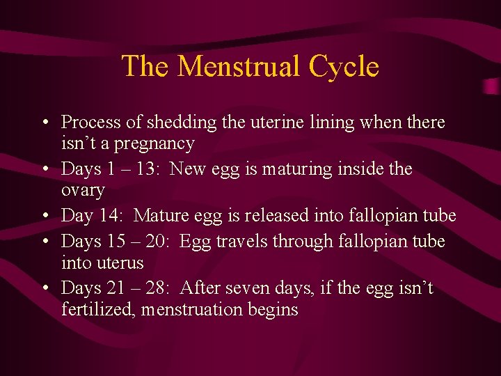 The Menstrual Cycle • Process of shedding the uterine lining when there isn’t a