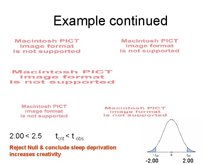 Example continued 2. 00 < 2. 5 tcrit < t obs Reject Null &