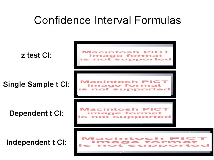 Confidence Interval Formulas z test CI: Single Sample t CI: Dependent t CI: Independent