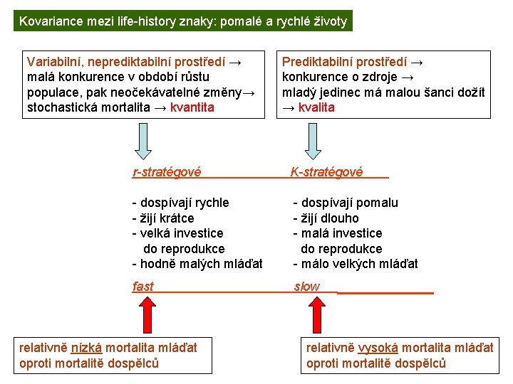 Kovariance mezi life-history znaky: pomalé a rychlé životy Variabilní, neprediktabilní prostředí → malá konkurence