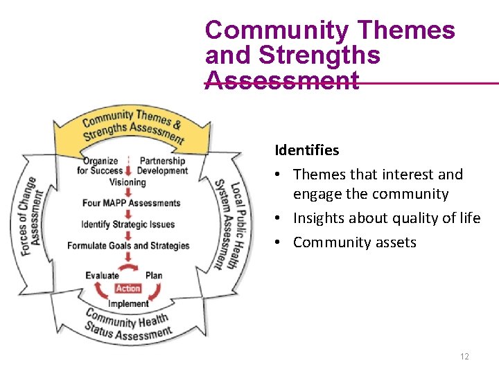 Community Themes and Strengths Assessment Identifies • Themes that interest and engage the community