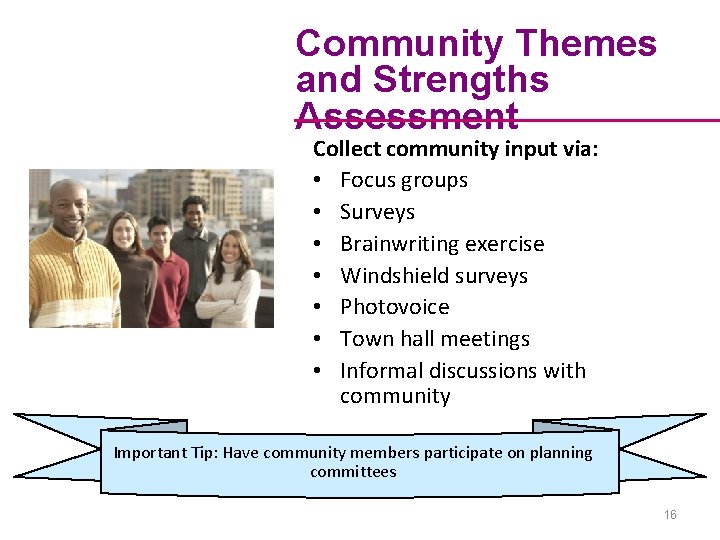 Community Themes and Strengths Assessment Collect community input via: • Focus groups • Surveys