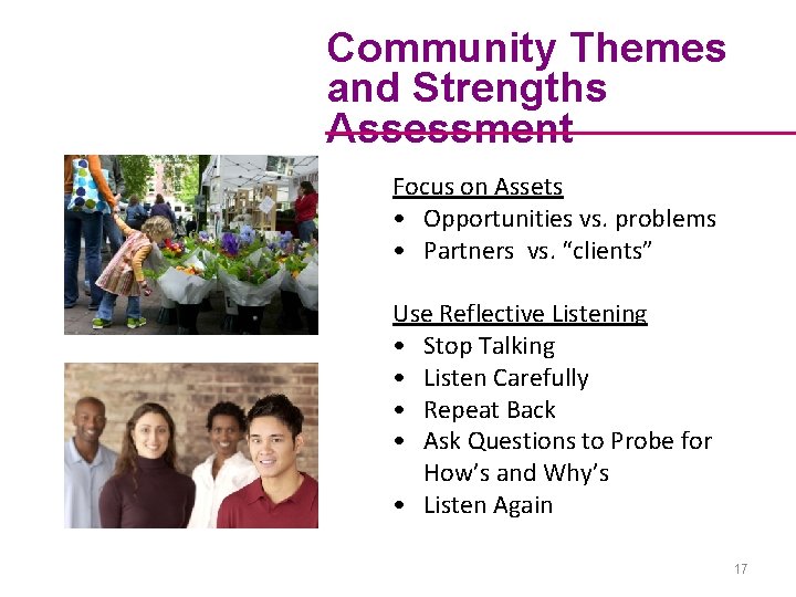 Community Themes and Strengths Assessment Focus on Assets • Opportunities vs. problems • Partners