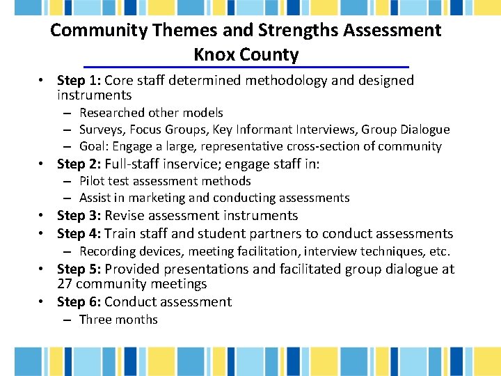 Community Themes and Strengths Assessment Knox County • Step 1: Core staff determined methodology
