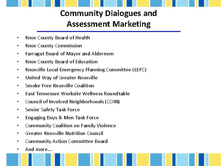 Community Dialogues and Assessment Marketing • • • • Knox County Board of Health