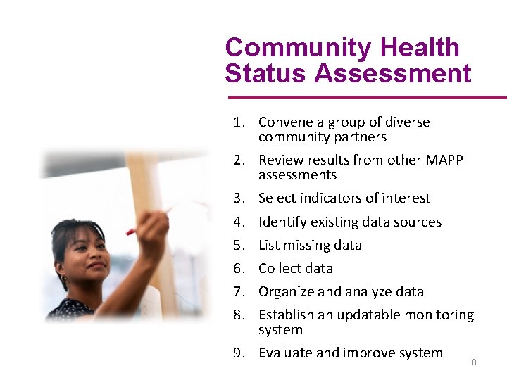 Community Health Status Assessment 1. Convene a group of diverse community partners 2. Review