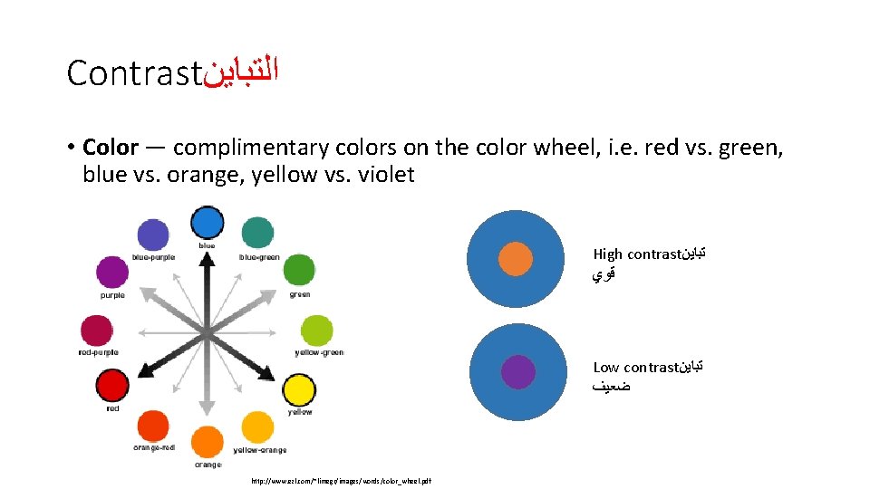 Contrast ﺍﻟﺘﺒﺎﻳﻦ • Color — complimentary colors on the color wheel, i. e. red