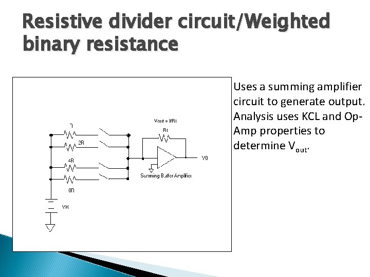 Resistive divider circuit/Weighted binary resistance Uses a summing amplifier circuit to generate output. Analysis