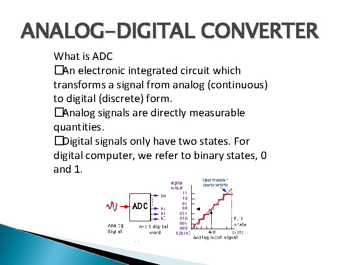 ANALOG-DIGITAL CONVERTER What is ADC �An electronic integrated circuit which transforms a signal from